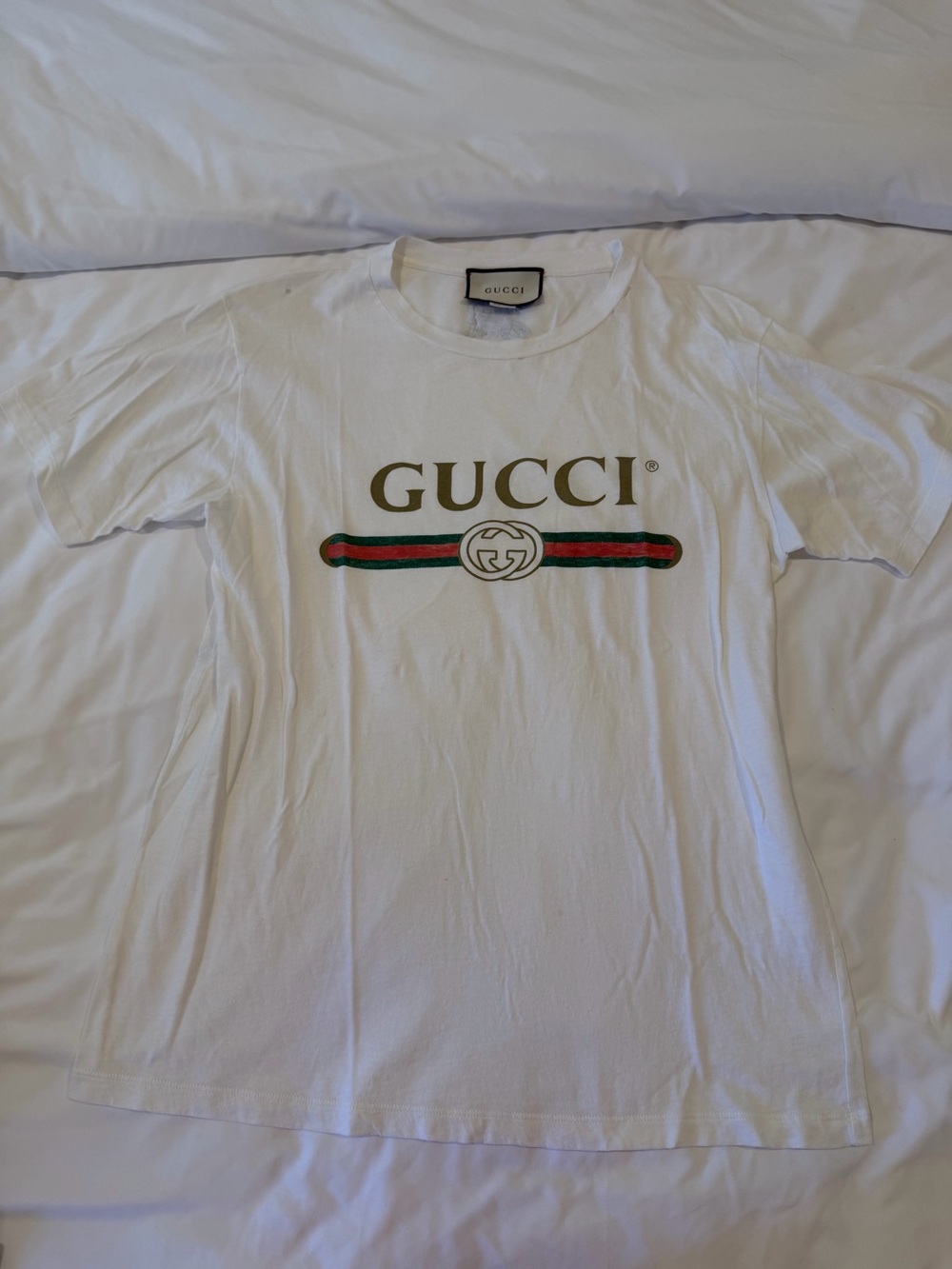 Gucci White Tee with Gold Logo and Green-Red Web